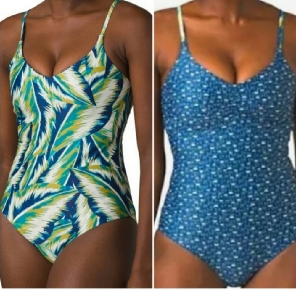 NWT Women's PrAna Jess REVERSIBLE One Piece Swimsuit Blue Green UPF 50, Size XL